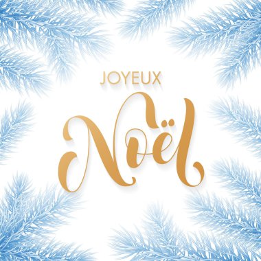 Joyeux Noel Fransız Merry Christmas altın el hat ve Noel ağacı dalı tatil tebrik kartı mavi donmuş kar arka plan şablonu için çekilmiş. Vektör yeni yıl dekorasyon altın harflerle