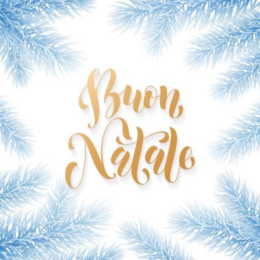 Buon Natale İtalyan neşeli Noel tatil altın elle çizilmiş hat metin tebrik kartı Noel köknar çelenk çerçeve dekorasyon için. Beyaz kar mavi Don arka plan üzerinde vektör altın yazı tipi metin