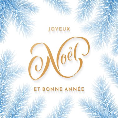 Joyeux Noel Fransız Merry Christmas tatil altın el çizilen hat metin tebrik ve köknar dalı dekorasyon kartı tasarım şablonu. Beyaz kar buz üzerinde Noel altın harflerle süs vektör