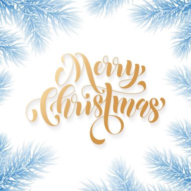 Neşeli Noel tatil el alıntı altın hat kartpostal arka plan şablonu donmuş çekilmiş. Vektör Noel ağacı köknar veya çam çelenk şube dekorasyon beyaz kar, mavi Don tasarımı