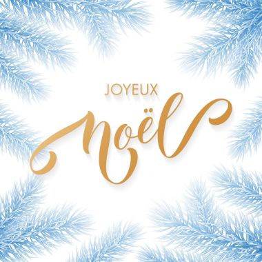 Joyeux Noel Fransız Merry Christmas trendy altın hat ve köknar dalı çelenk kış tatil tasarımı için beyaz donmuş mavi Don zemin üzerine. Vektör yeni yıl ağacı çelenk çerçeve altın yazı tipi