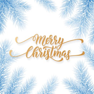 Neşeli Noel tatil el alıntı altın hat tebrik kartı arka plan mavi şablon donmuş çekilmiş. Vektör Noel ağacı köknar veya çam çelenk şube dekorasyon beyaz kar buz tasarımı