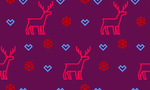 圣诞鹿, 心和雪花矢量无缝图案背景为冬季节日贺卡。矢量简单扁线驯鹿和几何雪为新年装饰背景 — 图库矢量图片