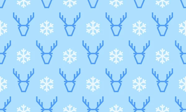 Christmas pattern background of seamless deer reindeer and snowflake. Vector blue deer pattern on white snow background for winter holiday New Year greeting card of simple line embroidery design — Stock Vector