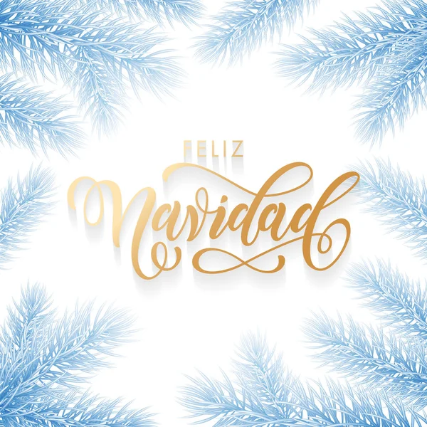Feliz Navidad hiszpański Merry Christmas wakacje złote ręcznie rysowane kaligrafia tekst dla dekoracji świątecznej jodła kartkę z życzeniami. Wektor mrożone mróz niebieski tło szablonu projektu w sezonie zimowym — Wektor stockowy