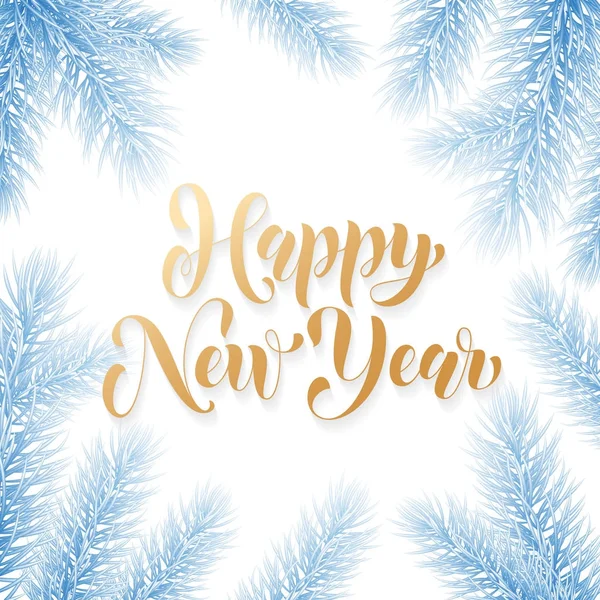 Šťastný nový rok zlatý kaligrafie rukou nakreslené text na věnec ornament na pozadí šablony přání. Vektor vánoční strom zmrazené modrý sníh věnec Zlaté písmo prémiový bílý design — Stockový vektor