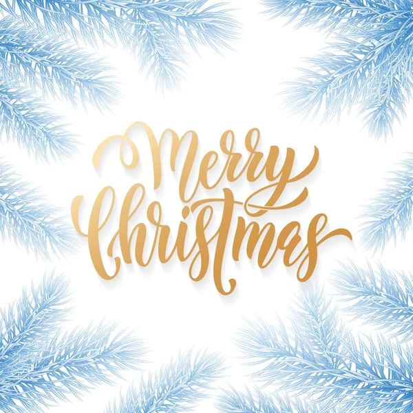 Feliz Navidad vacaciones de oro, dibujado a mano caligrafía tarjeta de felicitación congelado plantilla de fondo de nieve azul. Vector navideño ramas de abeto guirnalda decoración y oro texto blanco premium diseño — Vector de stock