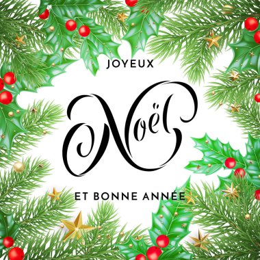 Joyeux Noel Fransız Merry Christmas ve Bonne Annee yılbaşı tatil elle çizilmiş alıntı hat tebrik kartı üzerinde Noel çelenk süsleme arka plan şablonu. Vektör yeni yıl dekorasyon