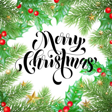 Neşeli Noel tatil el teklif hat tebrik kartı arka plan şablonu çekilmiş. Vektör Noel ağacı veya holly çelenk dekorasyon, yeni yılın altın garland beyaz premium tasarım üzerinde yıldız