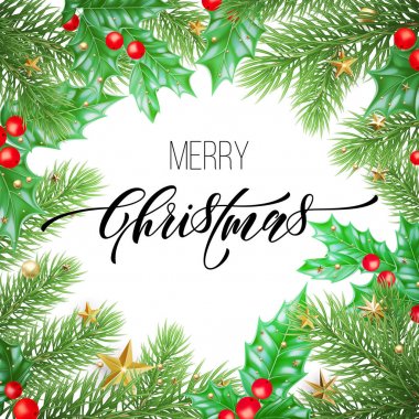 Neşeli Noel tatil el teklif hat tebrik kartı arka plan şablonu çekilmiş. Vektör Noel çelenk, ağaç holly çelenk dekorasyon beyaz sigorta primi tasarımı Yıldız