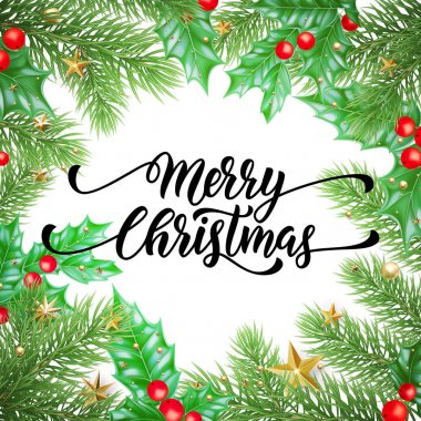 Neşeli Noel tatil el teklif hat tebrik kartı arka plan şablonu çekilmiş. Vektör Noel çelenk, ağaç holly çelenk dekorasyon beyaz sigorta primi tasarımı Yıldız