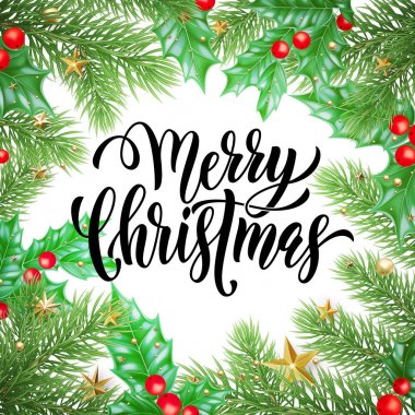 Neşeli Noel tatil el teklif hat tebrik kartı arka plan şablonu çekilmiş. Vektör Noel ağacı veya holly çelenk dekorasyon, yeni yılın altın garland beyaz premium tasarım üzerinde yıldız