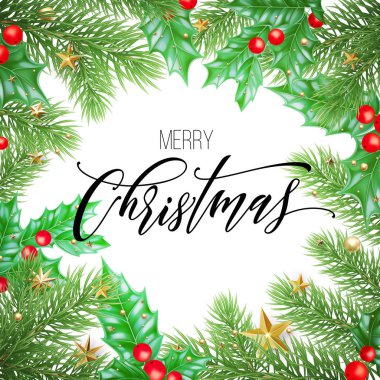 Neşeli Noel trendy alıntı hat beyaz sigorta primi zemin kış tatil tasarım şablonunun üzerine. Vektör Noel ağacı holly çelenk dekorasyon ve altın yeni yıl yıldız çelenk