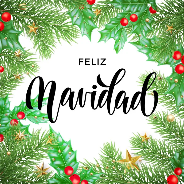 Feliz Navidad Español Feliz Navidad caligrafía dibujada a mano y decoración de la corona de acebo con marco de guirnalda de estrellas doradas para la tarjeta de felicitación de vacaciones plantilla de fondo. Adorno del árbol de Navidad vector — Vector de stock