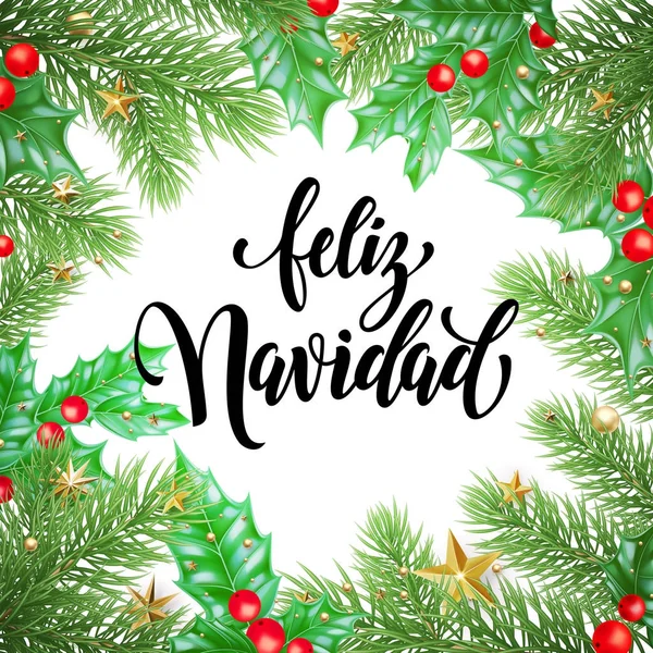 Feliz Navidad Español Feliz Navidad texto caligráfico dibujado a mano para tarjeta de felicitación de decoración floral y marco de guirnalda de estrellas navideñas. Plantilla de diseño de fondo vectorial para temporada de invierno — Vector de stock