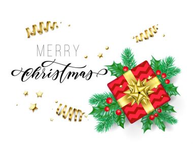 Neşeli Noel el teklif parşomen tatil tebrik kartı arka plan şablonu için çekilmiş. Vektör Noel ağacı holly çelenk dekorasyon, altın hediye ve şerit konfeti beyaz sigorta primi tasarımı