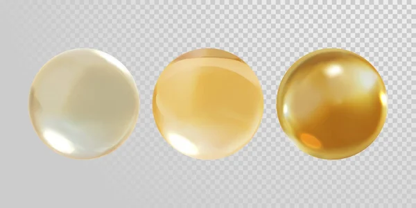 Bola de vidrio dorado aislada sobre fondo transparente. 3D vector realista aceite de oro vitamina E píldora cápsula cristal bola textura — Archivo Imágenes Vectoriales