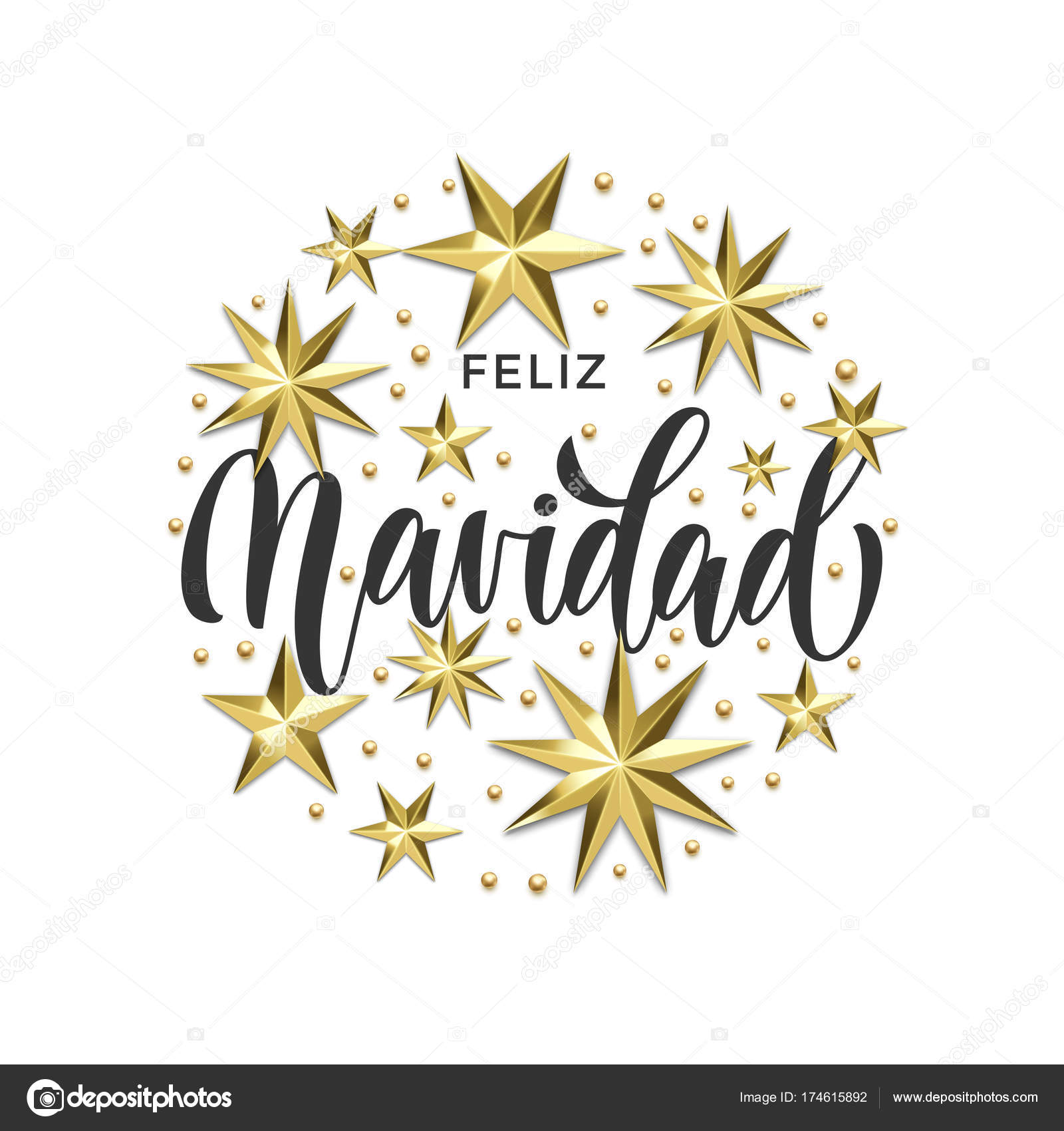 Feliz Navidad Spanish Merry Christmas golden star decoration, calligraphy  font for invitation Xmas greeting card. Vector Christmas or New Year  holiday gold snowflake shiny decoration white background Stock Vector by  ©ronedale 174615892, image size:1600x1700