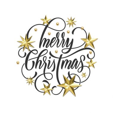 Neşeli Noel altın dekorasyon, tebrik kartı veya beyaz zemin üzerine davet için el çizilen hat yazı tipi. Vektör Noel ve yeni yıl altın yıldız ve kar tanesi parlak kış tatil dekorasyon