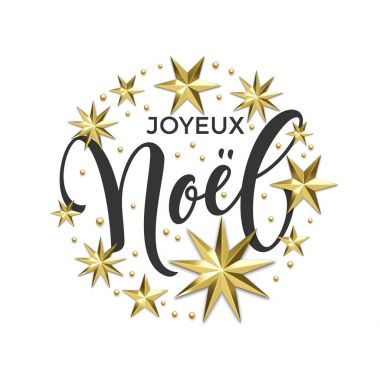 Arka plan beyaz Joyeux Noel Fransız Merry Christmas altın dekorasyon, davet veya tebrik kartı için hat yazı tipi. Yıldız ve kar tanesi kış tatil altın dekorasyon vektör Noel ve yeni yıl