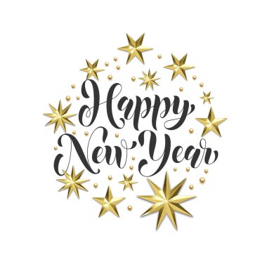 Mutlu yeni yıl altın dekorasyon, Noel tebrik kartı veya beyaz zemin üzerine davet için el çizilen hat yazı tipi. Vektör Noel kış tatil altın yıldız ve kar tanesi parlak dekorasyon
