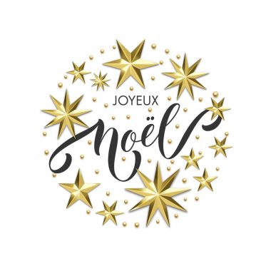 Arka plan beyaz Joyeux Noel Fransız Merry Christmas altın dekorasyon, tebrik kartı veya davet için hat yazı tipi. Vektör Noel ve yeni yıl altın yıldız ve kar tanesi parlak tatil dekorasyon