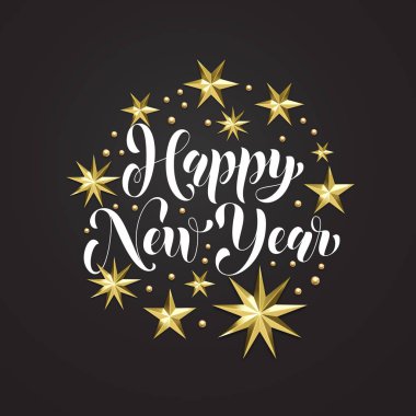 Mutlu yeni yıl altın dekorasyon, Noel tebrik kartı veya beyaz zemin üzerine davet için el çizilen hat yazı tipi. Vektör Noel kış tatil altın yıldız ve kar tanesi parlak dekorasyon
