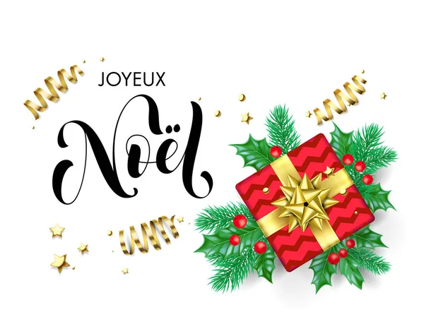 Joyeux Noel Merry Christmas Frenchtrendy quote calligraphy on white premium background for winter holiday design template. Vector Christmas tree holly wreath decoration in golden ribbon gift confetti — Stock Vector