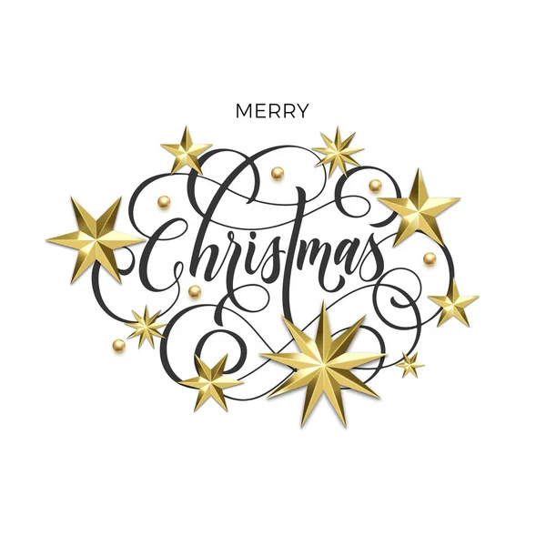 Веселого Різдва свято золоті прикраси, боку звернено каліграфії шрифт для вітальних листівок або запрошення на білому тлі. Векторний Різдво або новий рік золота зірка і Сніжинка блискучі прикраси — стоковий вектор