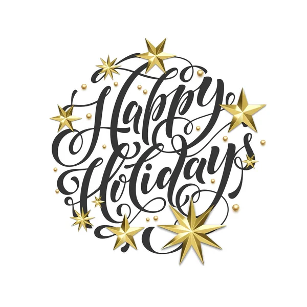 Boldog ünnepek arany díszítéssel, kézzel rajzolt kalligráfia font karácsonyi üdvözlőlap és meghívó fehér háttér. Vektor karácsony vagy újév arany csillag, és hópehely fényes dekoráció — Stock Vector