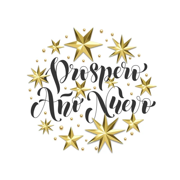 Prospero Ano Nuevo spanska nyår semester gyllene dekoration, kalligrafi teckensnitt för Xmas gratulationskort eller inbjudan på vit bakgrund. Vector guld stjärnan och snöflingan glänsande juldekoration — Stock vektor