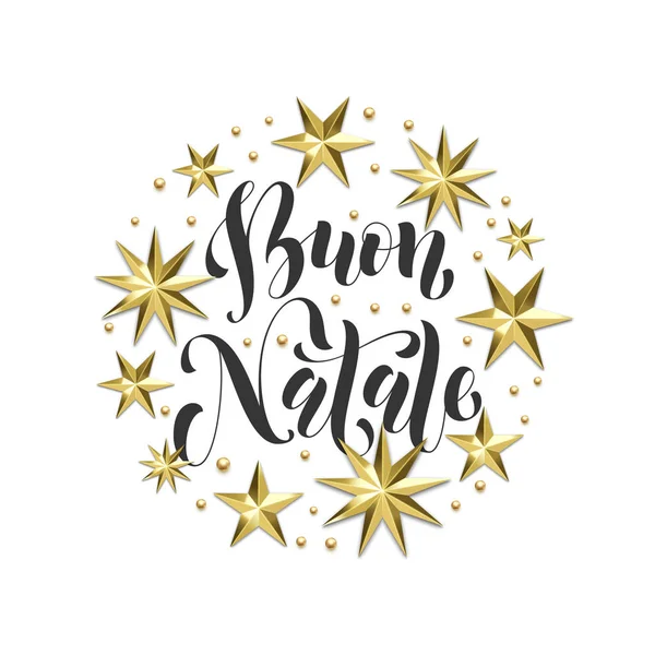 Buon Natale Italian Merry Christmas golden decoration, calligraphy font for Xmas greeting card or invitation white background. Vector Christmas or New Year gold star and snowflake holiday decoration — Stock Vector