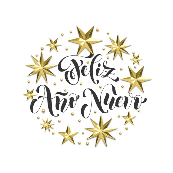 Feliz Ano Nuevo Spanish Happy New Year holiday golden decoration, calligraphy font for Xmas greeting card or invitation on white background. Vector Christmas gold star and snowflake shiny decoration — Stock Vector