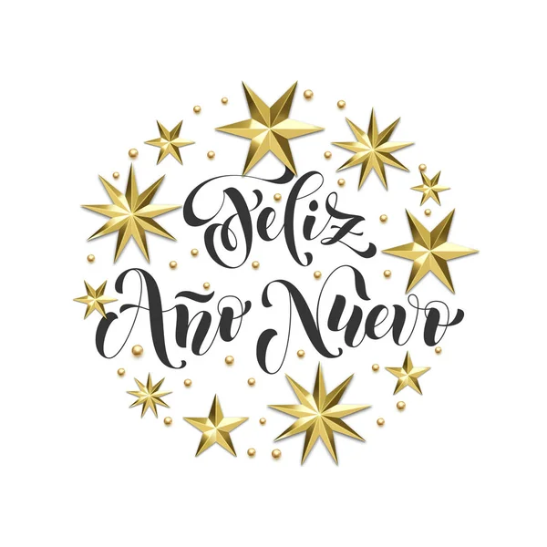 Feliz Ano Nuevo Español Feliz Año Nuevo decoración dorada, fuente de caligrafía para tarjeta de felicitación de Navidad o invitación sobre fondo blanco. Vector estrella de oro de Navidad y decoración brillante copo de nieve — Vector de stock