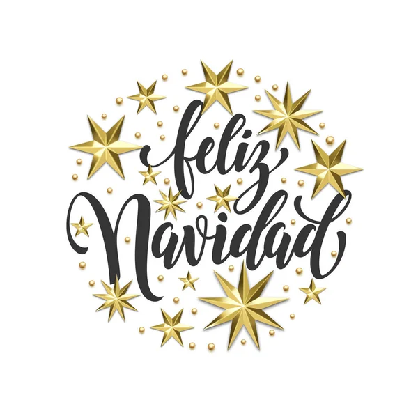 Feliz Navidad Espagnol Joyeux Noël étoile dorée décoration et calligraphie police de Noël invitation de vacances carte de voeux. Vecteur Noël, Nouvel An or brillant décor scintillant fond blanc — Image vectorielle