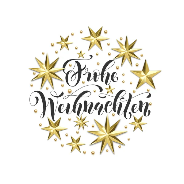 Frohe weihnachten deutsche frohe weihnachten goldene dekoration, kalligraphie-schrift für weihnachtseinladungskarte weißer hintergrund. Vektor Weihnachten oder Neujahr Urlaub Gold Stern Schneeflocke Dekoration — Stockvektor