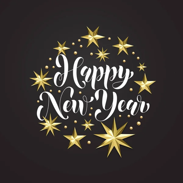 Happy New Year gyllene dekoration, hand dras kalligrafi teckensnitt för Xmas gratulationskort eller inbjudan på vit bakgrund. Vector vintern semester guld stjärnan och snöflingan glänsande juldekoration — Stock vektor