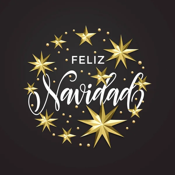 Feliz Navidad Spanish Merry Christmas golden star decoración y caligrafía fuente de la tarjeta de felicitación de invitación navideña de Navidad. Vector de Navidad, Año Nuevo oro brillante brillante decoración fondo blanco — Vector de stock