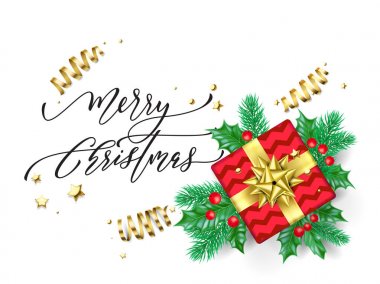 Neşeli Noel trendy alıntı hat beyaz sigorta primi zemin kış tatil tasarım şablonunun üzerine. Vektör Noel ağacı holly çelenk dekorasyon, altın hediye ve şerit konfeti