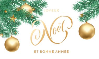 Kartı tasarım şablonu için altın yıldız ve top süsleme ve Joyeux Noel Fransız Merry Christmas tatil altın el çizilen hat metin tebrik. Beyaz Noel altın harflerle süs vektör