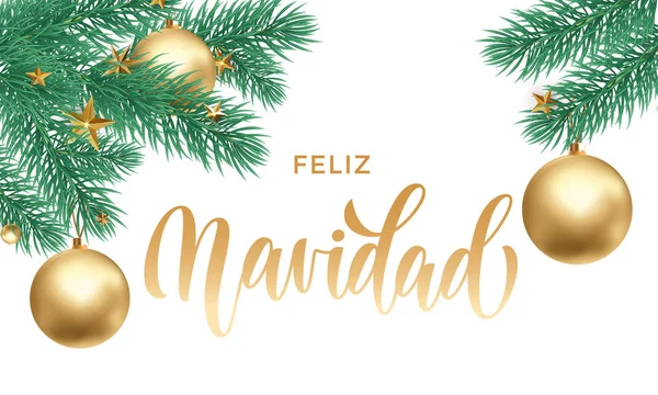 Feliz Navidad Spanish Merry Christmas holiday texto de caligrafía dibujado a mano de oro para la tarjeta de felicitación de adorno estrella de decoración de abeto de Navidad. Vector plantilla de diseño de fondo blanco para la temporada de invierno — Vector de stock