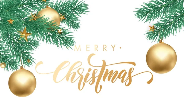 Feliz Navidad vacaciones de oro, dibujado a mano caligrafía tarjeta de felicitación plantilla de fondo de nieve blanca. Vector de Navidad estrella dorada y adorno de decoración de bolas y texto dorado — Archivo Imágenes Vectoriales