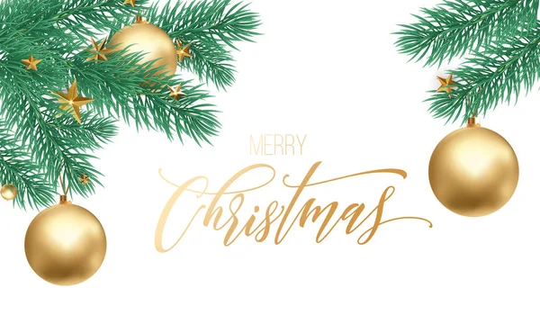 Feliz Navidad vacaciones mano dibujado presupuesto de oro caligrafía tarjeta de felicitación plantilla de fondo. Vector árbol de Navidad bola de oro o adorno de estrellas decoración en la nieve blanca de diseño premium — Archivo Imágenes Vectoriales