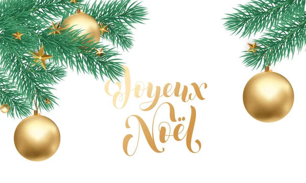 Joyeux Noel French Merry Christmas trendy golden calligraphy and fir branch wreath on white snow background for winter holiday design. Vector New Year tree decoration ornament and golden font