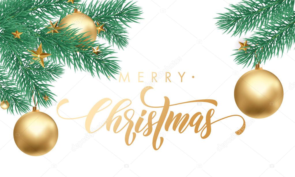 Merry Christmas holiday golden, hand drawn quote calligraphy greeting card white snow background template. Vector Christmas golden star and ball decoration ornament and golden text