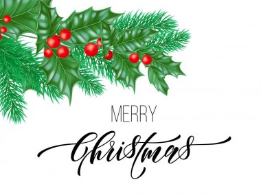 Neşeli Noel tatil el teklif hat tebrik kartı arka plan şablonu çekilmiş. Vektör Noel ağacı holly çelenk dekorasyon beyaz sigorta primi tasarımı