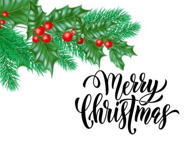 Neşeli Noel tatil el teklif hat tebrik kartı arka plan şablonu çekilmiş. Vektör Noel ağacı holly çelenk dekorasyon beyaz sigorta primi tasarımı