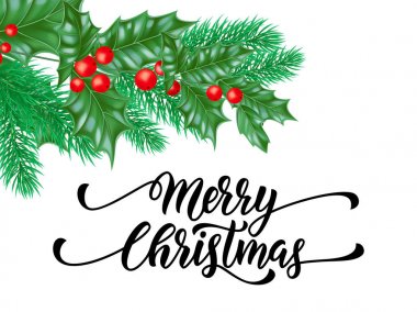 Neşeli Noel trendy alıntı hat beyaz sigorta primi zemin kış tatil tasarım şablonunun üzerine. Yeni yıl sezon için vektör Noel ağacı holly çelenk dekorasyon