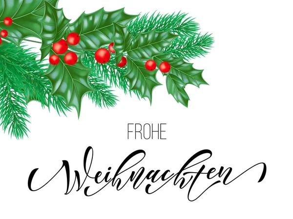 Frohe weihnachten german merry christmas hand drawn quote calligraphy and christmas holly kranz for holiday grußkarte background template. Vektor Neujahr Baumschmuck Design — Stockvektor