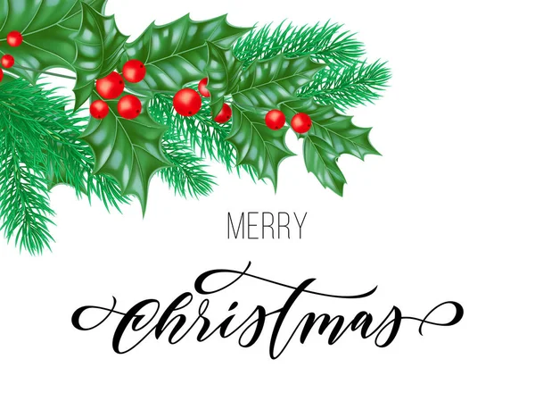 Merry Christmas wakacje ręcznie rysowane cytat kaligrafii z życzeniami tła szablonu. Wektor choinki holly wieniec ozdoba na design premium biały — Wektor stockowy
